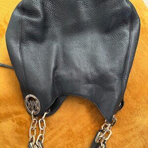Michael Kors Black Leather Shoulder Handbag With Gold Tone Hardware